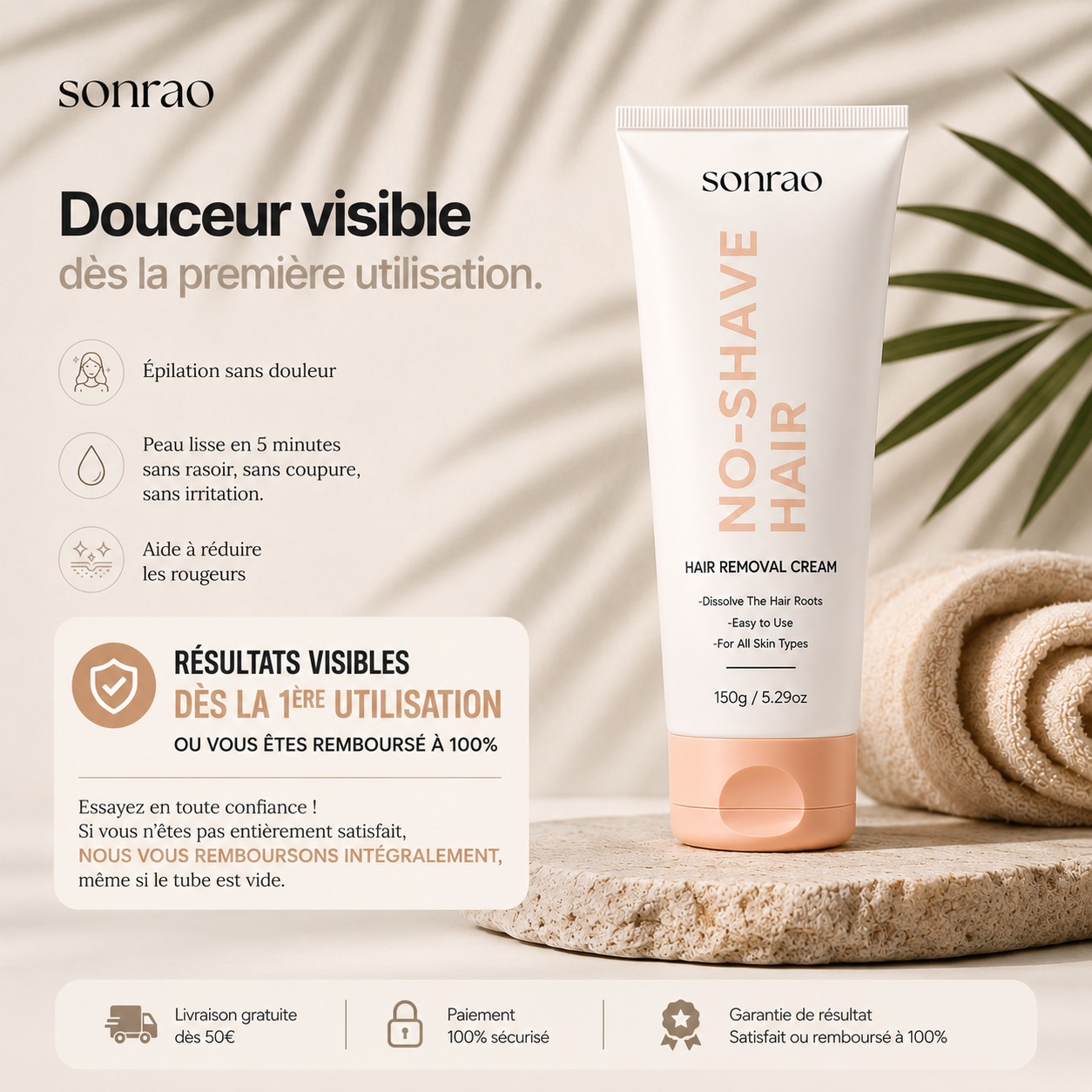 Tube de crème dépilatoire Sonrao pour femme, épilation sans douleur, format 150g