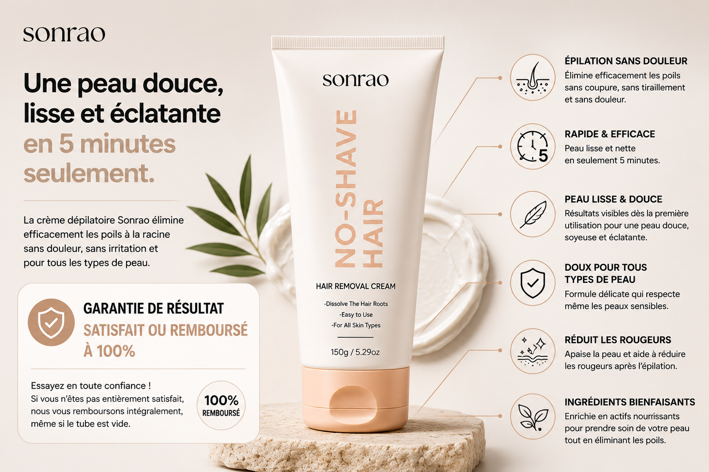 Crème dépilatoire Sonrao posée sur une serviette, soin doux pour le corps