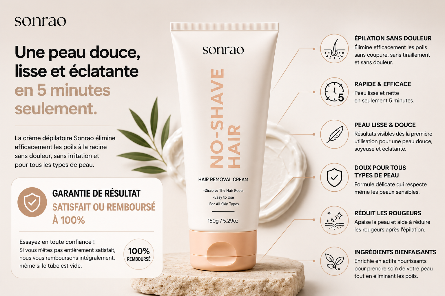Crème dépilatoire Sonrao posée sur une serviette, soin doux pour le corps