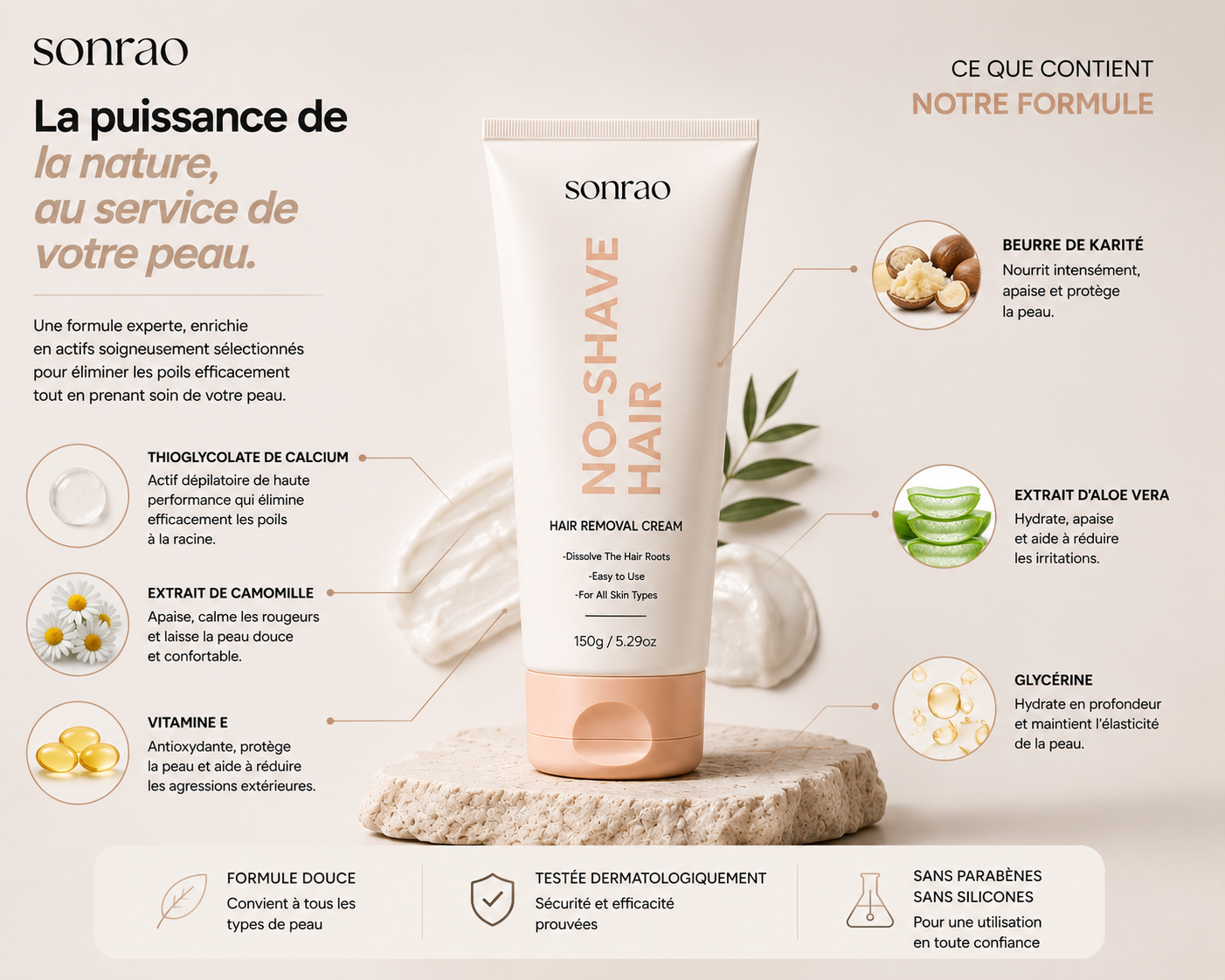 Application de la crème dépilatoire Sonrao sur la peau, sans irritation