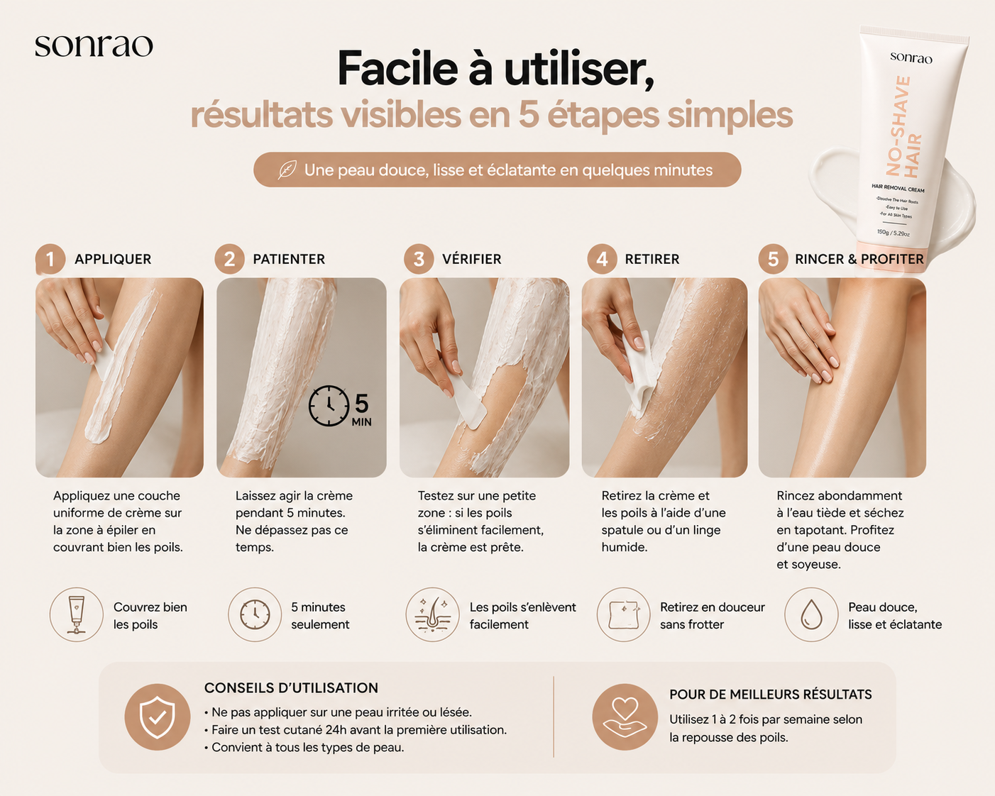 Bienfaits de la crème dépilatoire Sonrao : épilation sans douleur, peau lisse en 5 minutes, résultats visibles dès la première utilisation