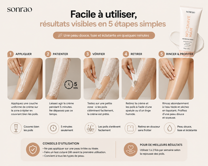 Bienfaits de la crème dépilatoire Sonrao : épilation sans douleur, peau lisse en 5 minutes, résultats visibles dès la première utilisation